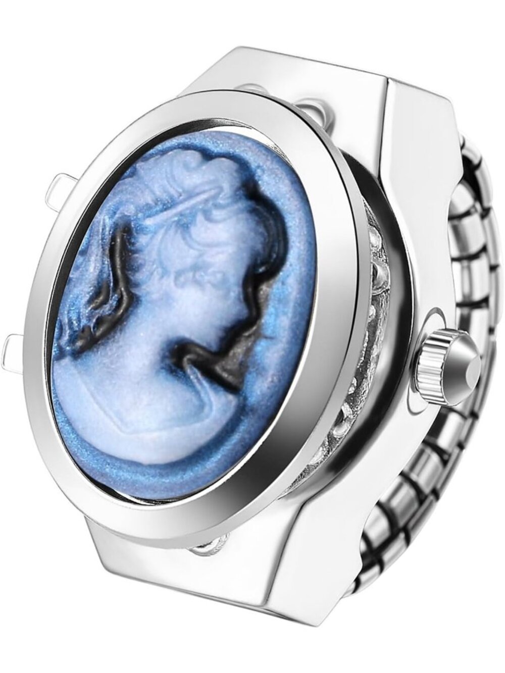 Unisex Blue Analog Quartz Flip Cover Stainless Steel Stretchy Finger Ring Watch